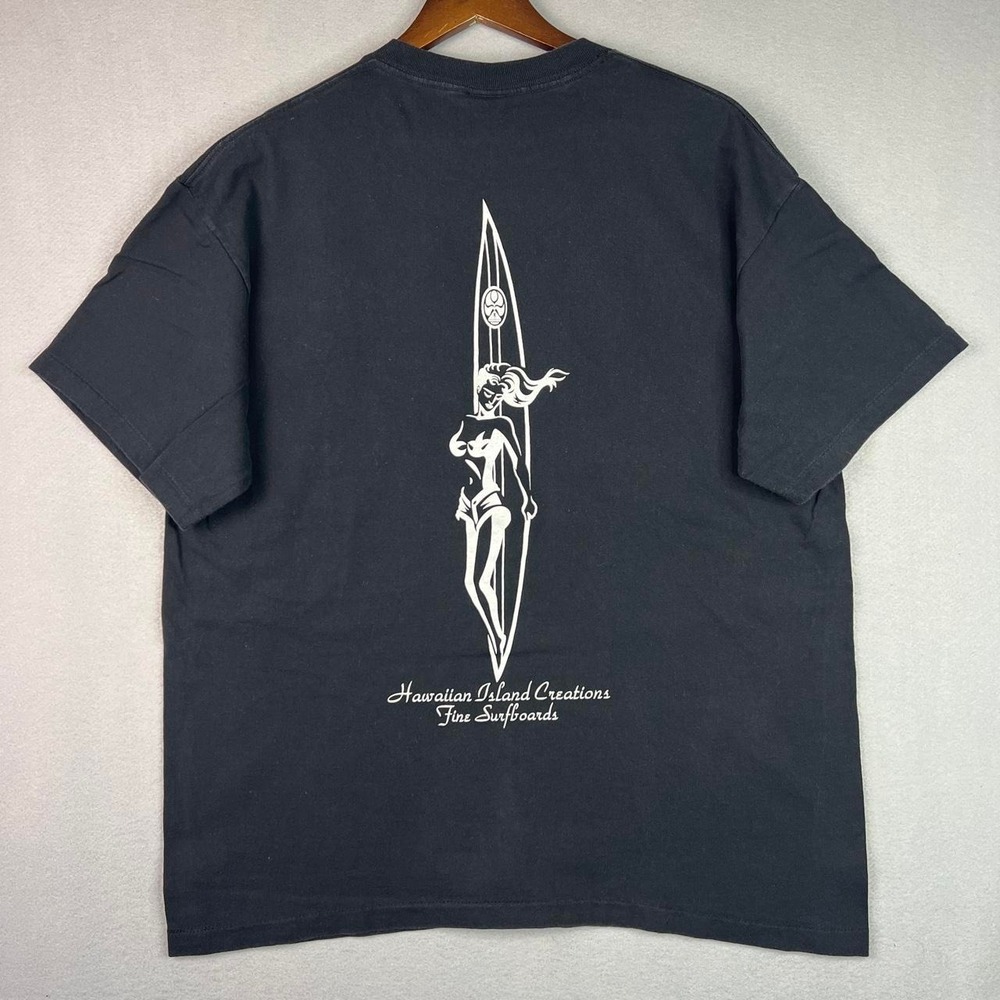 Vintage Hawaiian Island Creations Fine Surfboards Black Surfing Tee Shirt 90s XL